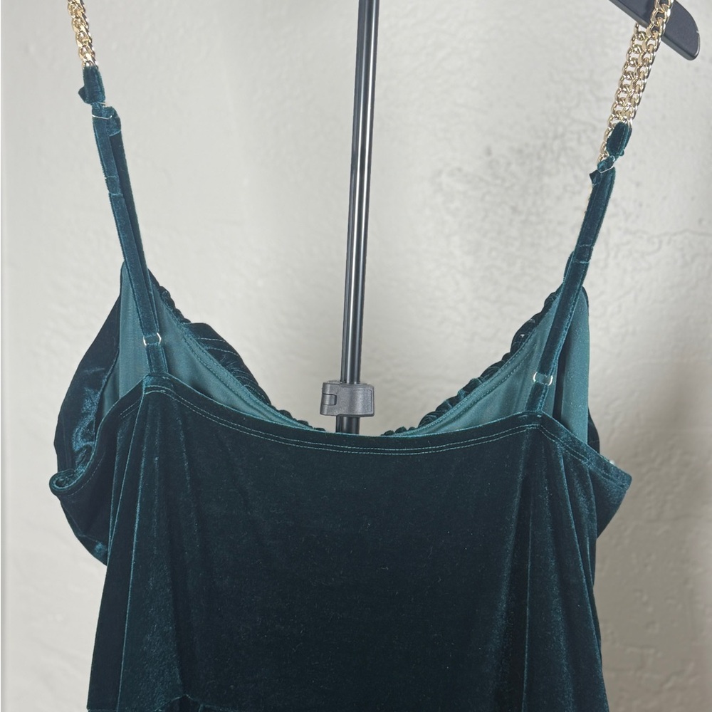 Cider Emerald Green Velvet Jumpsuit with Draped Bust and Chain Straps - Picture 4 of 7